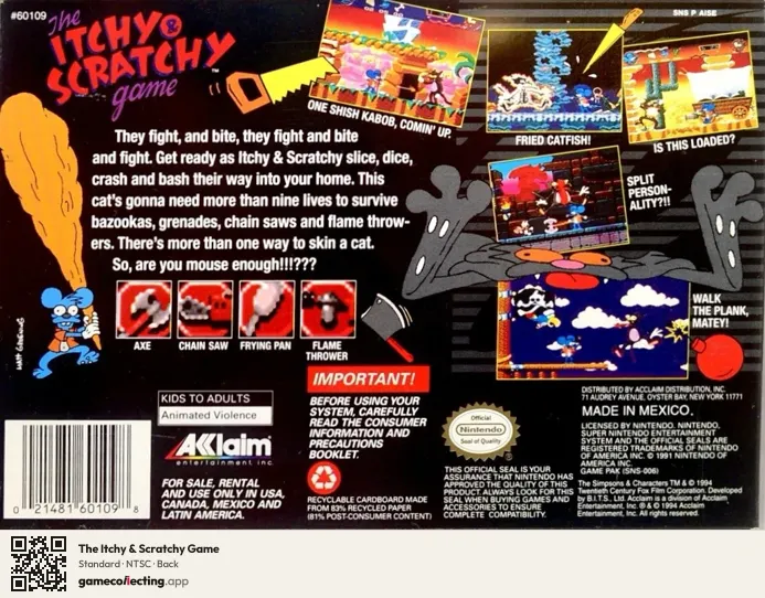 The Itchy & Scratchy Game Super Nintendo Entertainment System, NTSC box back