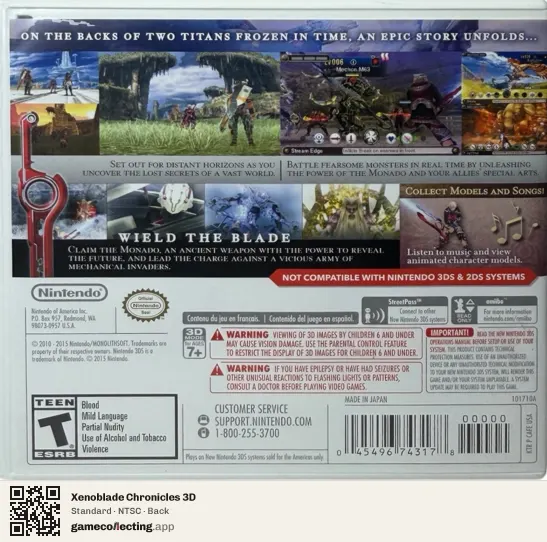 Xenoblade Chronicles 3D Nintendo 3DS, NTSC box back