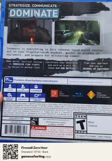 Firewall Zero Hour PlayStation 4, NTSC box back