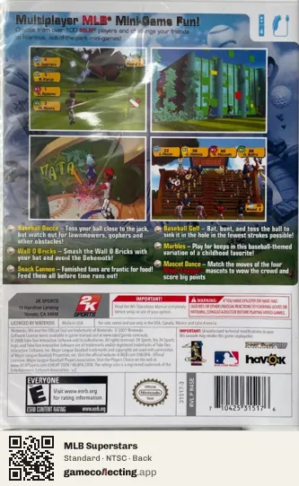 MLB Superstars Nintendo Wii, NTSC box back