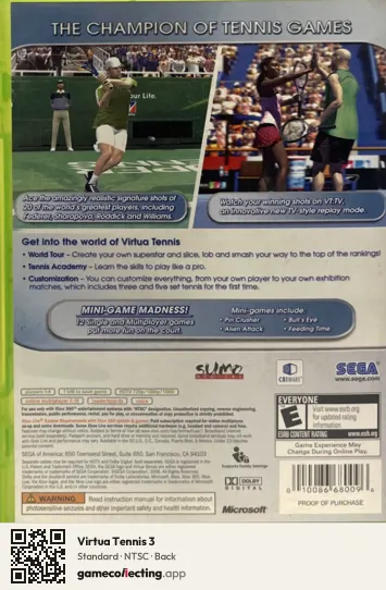 Virtua Tennis 3 Xbox 360, NTSC box back