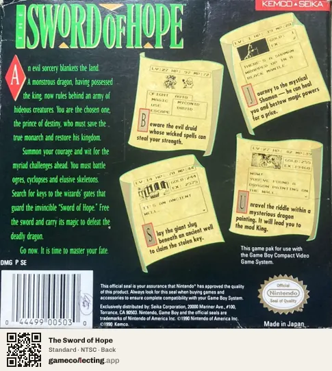 The Sword of Hope Game Boy, NTSC box back
