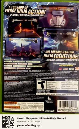 Naruto Shippuden: Ultimate Ninja Storm 2 Xbox 360, NTSC box back