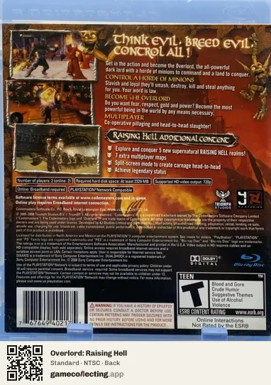 Overlord: Raising Hell PlayStation 3, NTSC box back