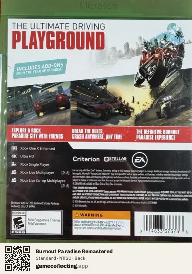 Burnout Paradise Remastered Xbox One, NTSC box back