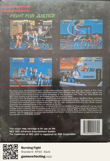 Burning Fight Neo Geo AES, NTSC box back