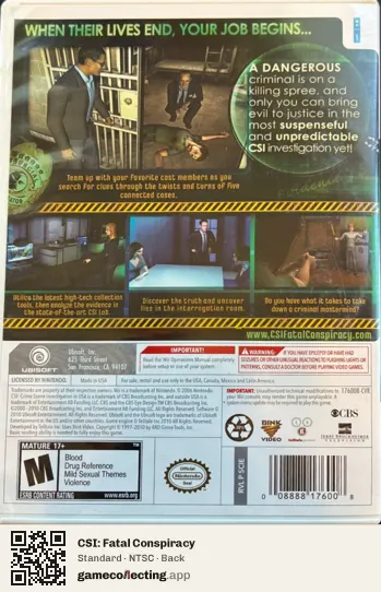 CSI: Fatal Conspiracy Nintendo Wii, NTSC box back