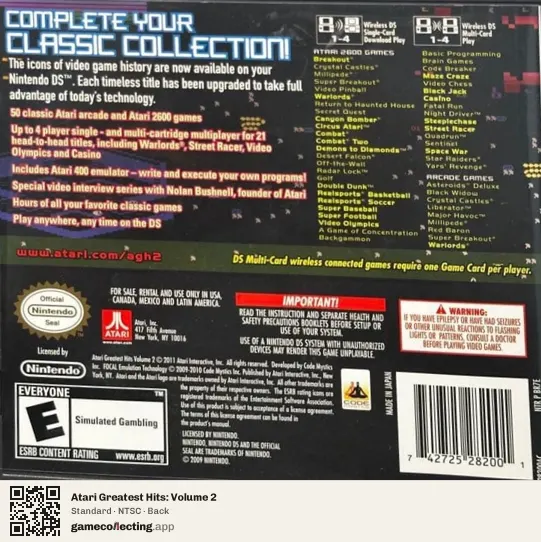 Atari Greatest Hits: Volume 2 Nintendo DS, NTSC box back