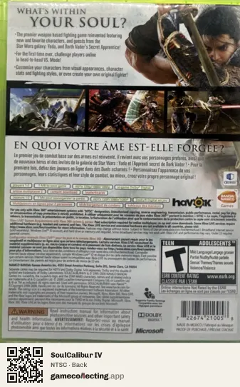 SoulCalibur IV Xbox 360, NTSC box back