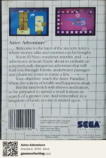 Aztec Adventure Sega Master System, NTSC box back