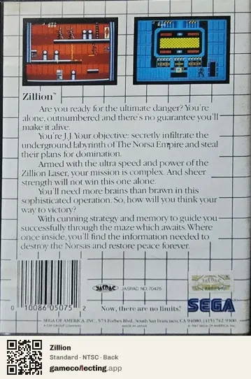 Zillion Sega Master System, NTSC box back