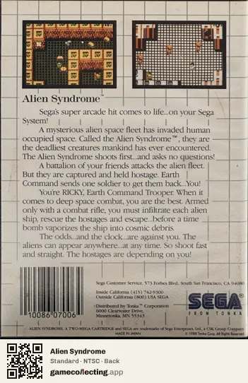 Alien Syndrome Sega Master System, NTSC box back