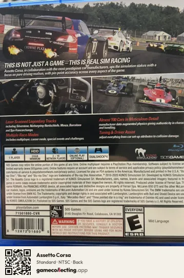 Assetto Corsa PlayStation 4, NTSC box back