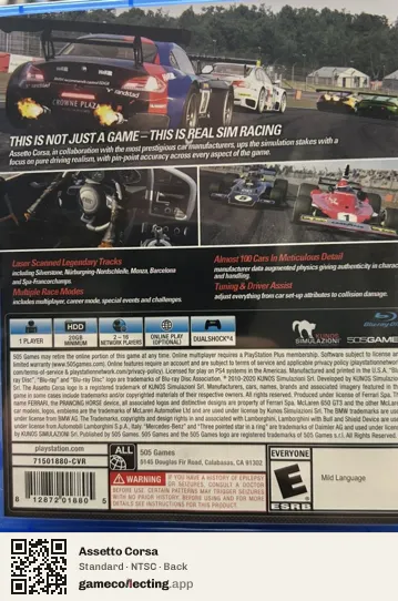 Assetto Corsa PlayStation 4, NTSC box back