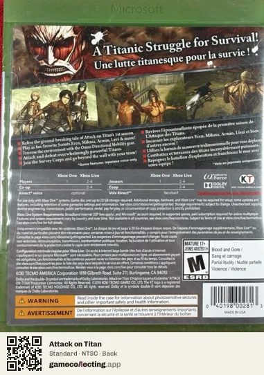 Attack on Titan Xbox One, NTSC box back