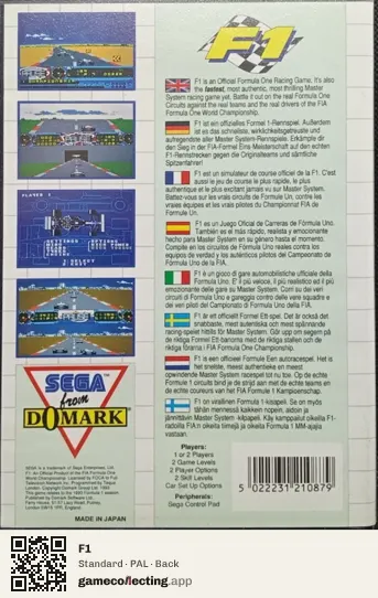 F1 Sega Master System, PAL box back