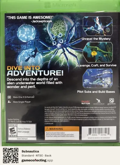 Subnautica Xbox One, NTSC box back