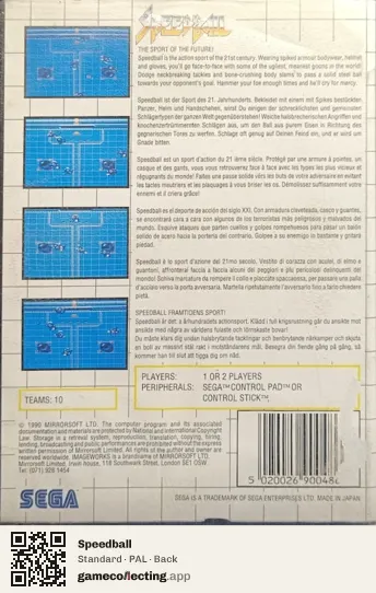 Speedball Sega Master System, PAL box back