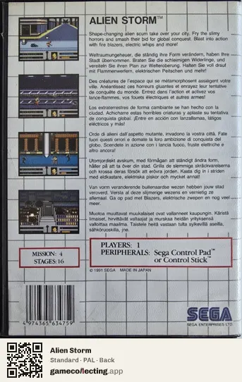 Alien Storm Sega Master System, PAL box back