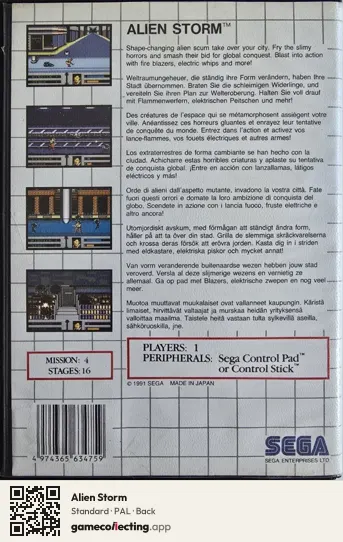 Alien Storm Sega Master System, PAL box back