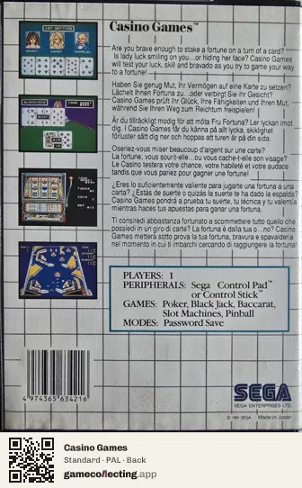 Casino Games Sega Master System, PAL box back