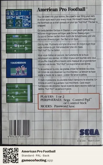 American Pro Football Sega Master System, PAL box back
