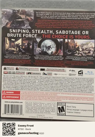 Enemy Front PlayStation 3, NTSC box back