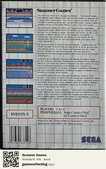 Summer Games Sega Master System, PAL box back