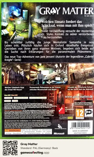 Gray Matter Xbox 360, Germany box back