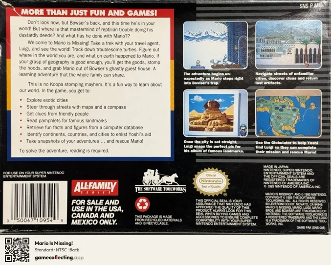 Mario Is Missing! Super Nintendo Entertainment System, NTSC box back