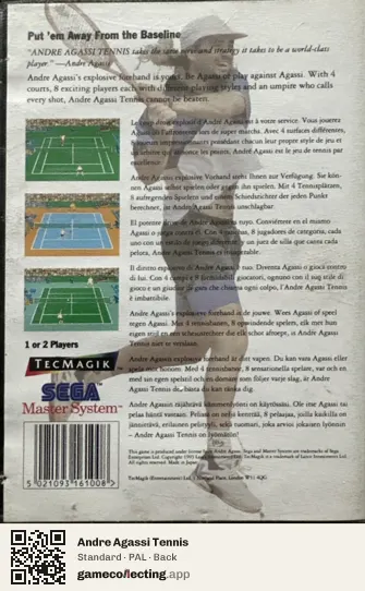 Andre Agassi Tennis Sega Master System, PAL box back