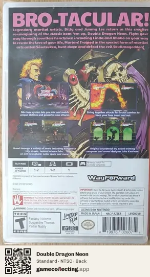 Double Dragon Neon Nintendo Switch, NTSC box back