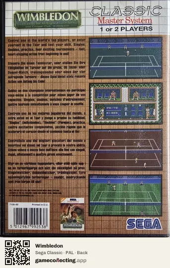 Wimbledon Sega Master System, PAL box back