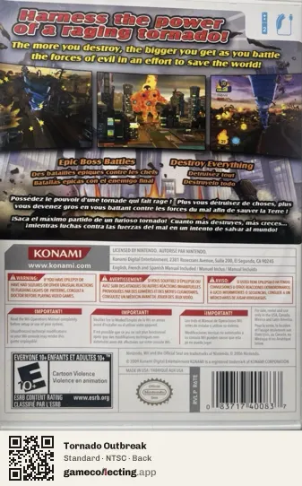 Tornado Outbreak Nintendo Wii, NTSC box back