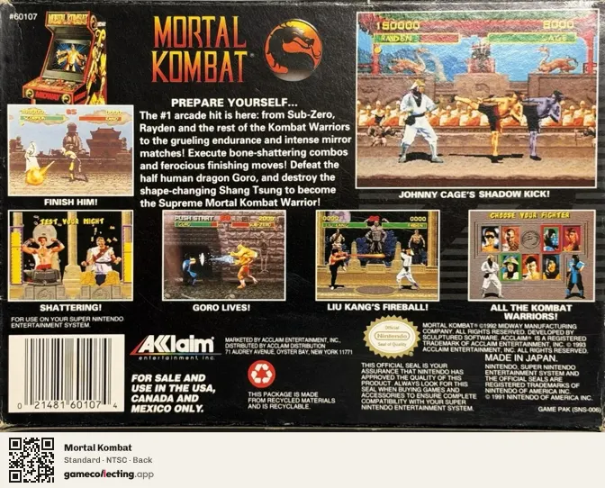 Mortal Kombat Super Nintendo Entertainment System, NTSC box back