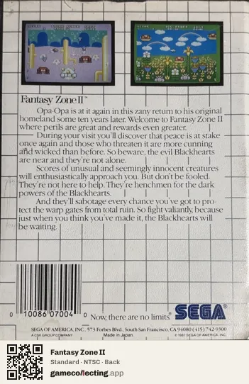 Fantasy Zone II Sega Master System, NTSC box back