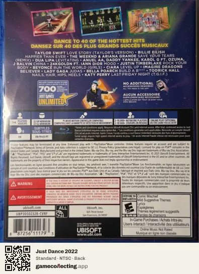 Just Dance 2022 PlayStation 4, NTSC box back