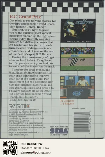 R.C. Grand Prix Sega Master System, NTSC box back
