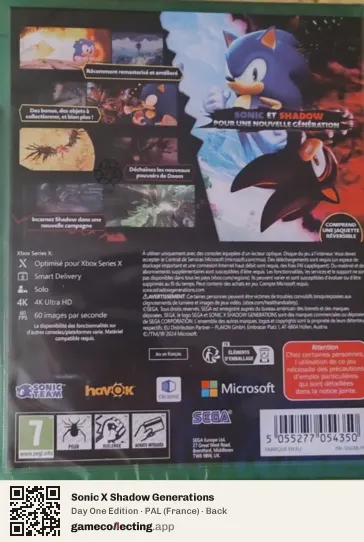 Sonic X Shadow Generations Xbox Series X, France box back