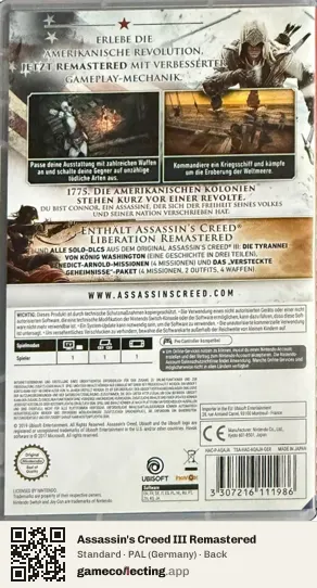Assassin's Creed III Remastered Nintendo Switch, Germany box back