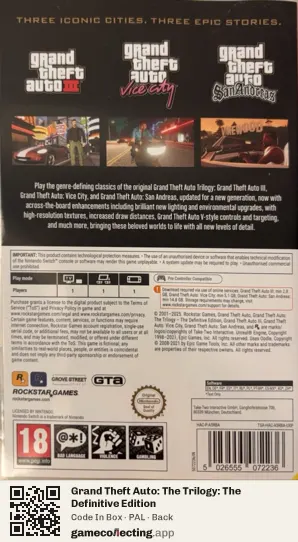 Grand Theft Auto: The Trilogy: The Definitive Edition Nintendo Switch, PAL box back