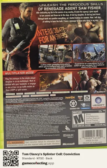 Tom Clancy's Splinter Cell: Conviction Xbox 360, NTSC box back