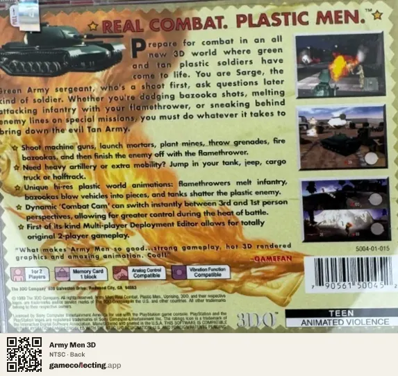 Army Men 3D PlayStation, NTSC box back