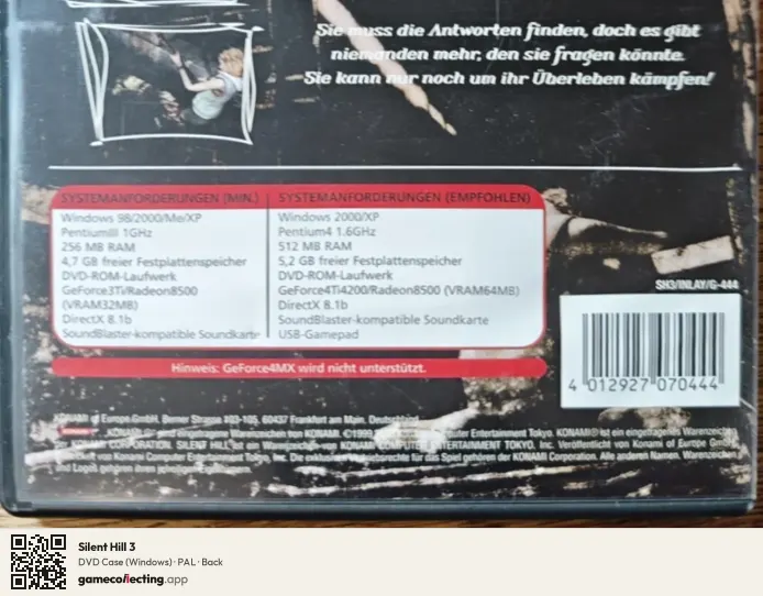 Silent Hill 3 Computer, PAL box back