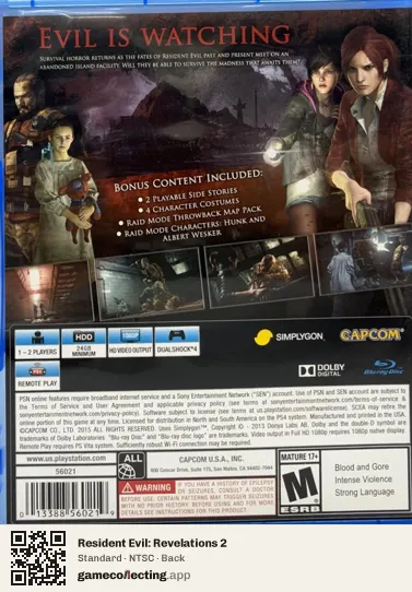 Resident Evil: Revelations 2 PlayStation 4, NTSC box back