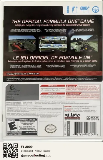 F1 2009 Nintendo Wii, NTSC box back