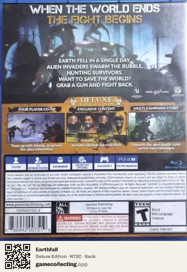Earthfall PlayStation 4, NTSC box back