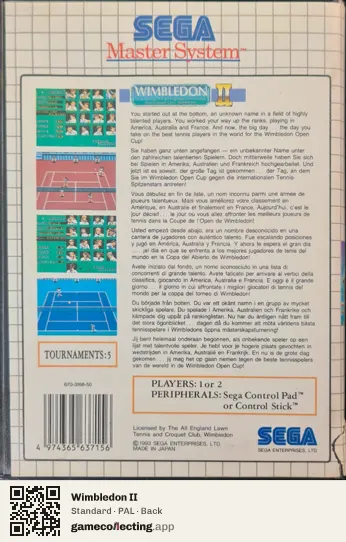 Wimbledon II Sega Master System, PAL box back