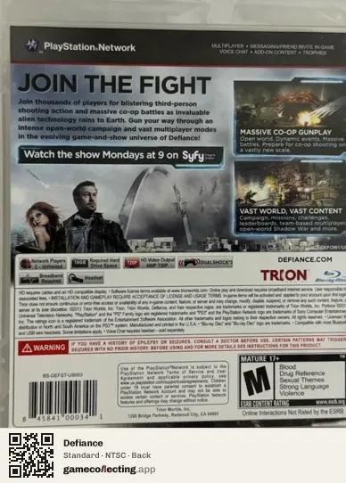 Defiance PlayStation 3, NTSC box back