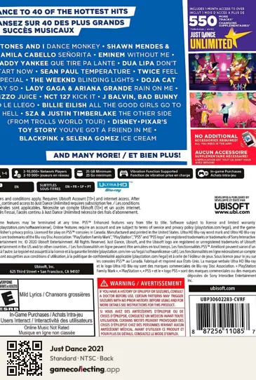 Just Dance 2021 PlayStation 5, NTSC box back